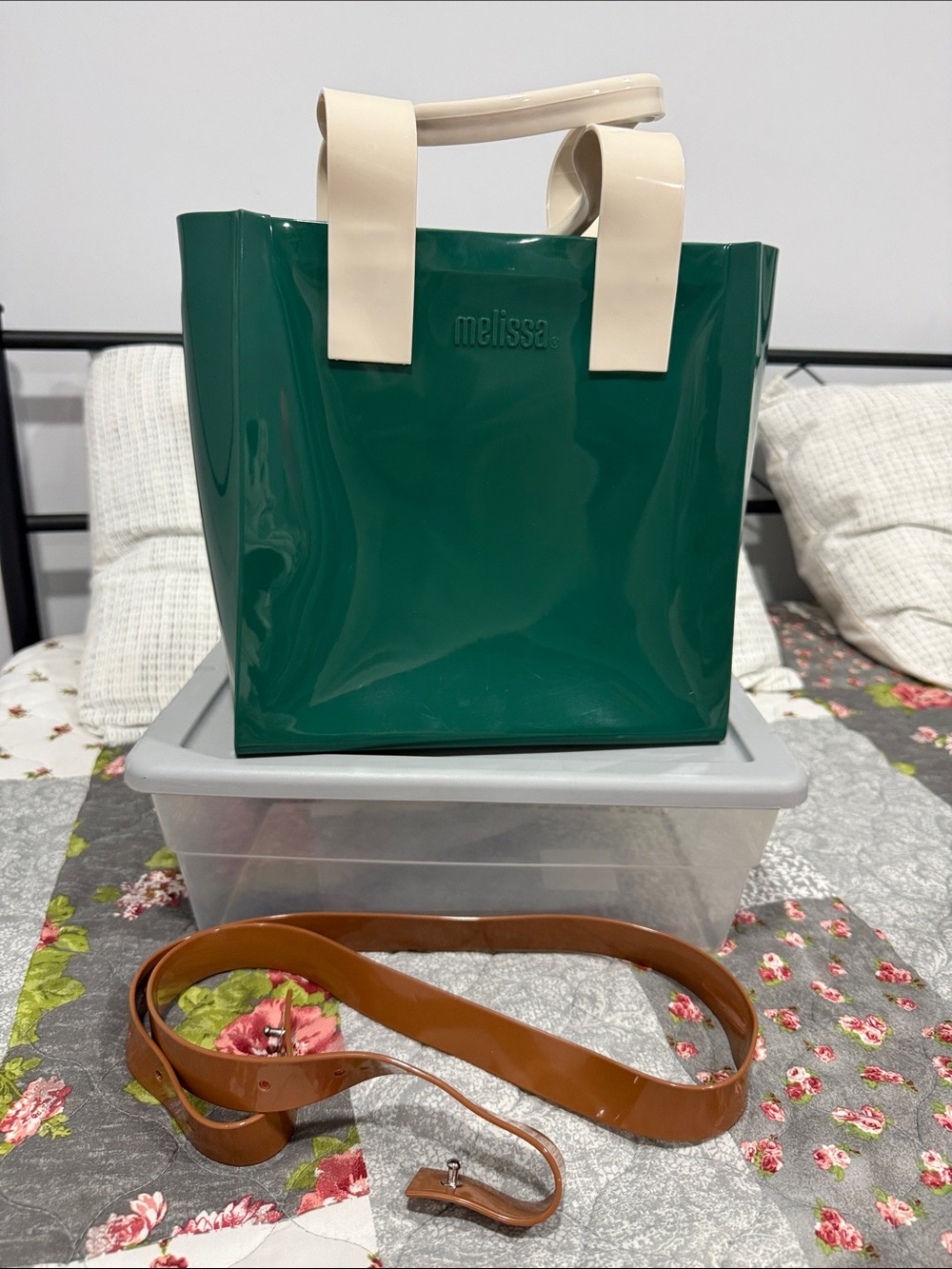 Melissa Green Patent Tote with Cream Handles